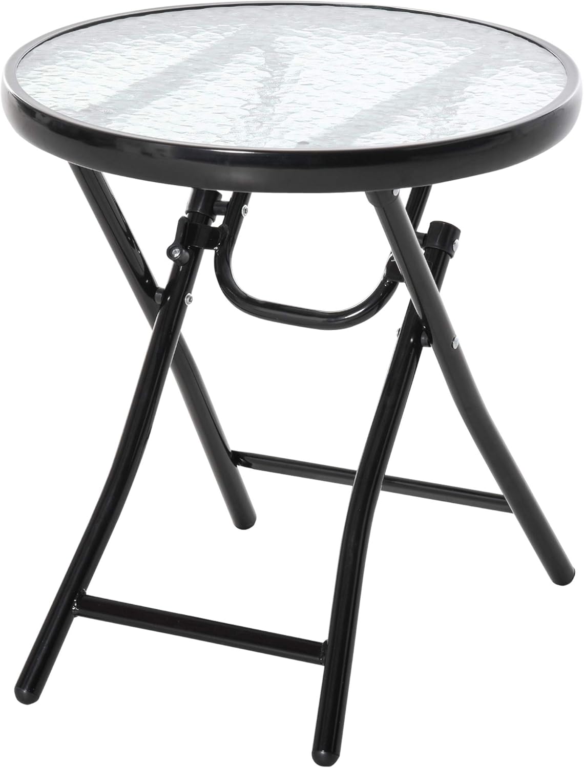Tavolino rotondo pieghevole da giardino in metallo con piano in vetro e blocco sicurezza nero 45 x 50 cm